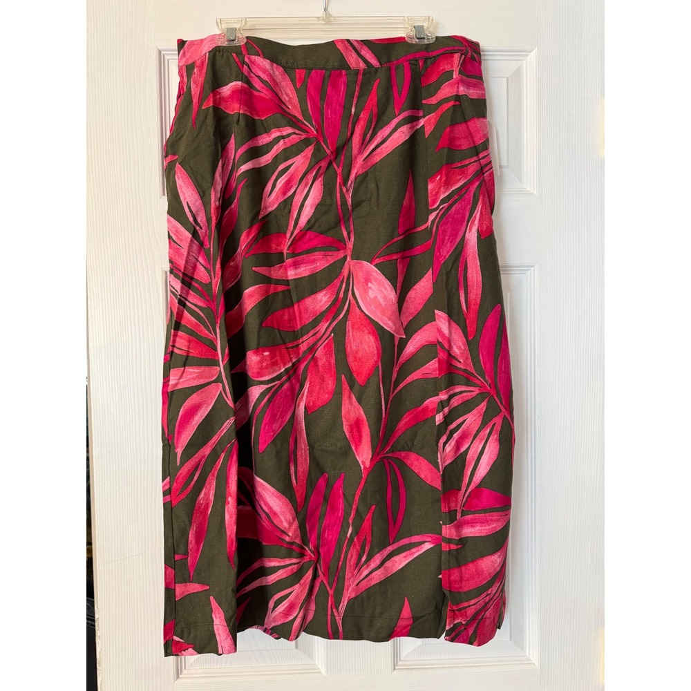 Time & Tru Womens XL(16/18) Linen Blend Tropical Leaf Maxi Skirt Green Pink New
